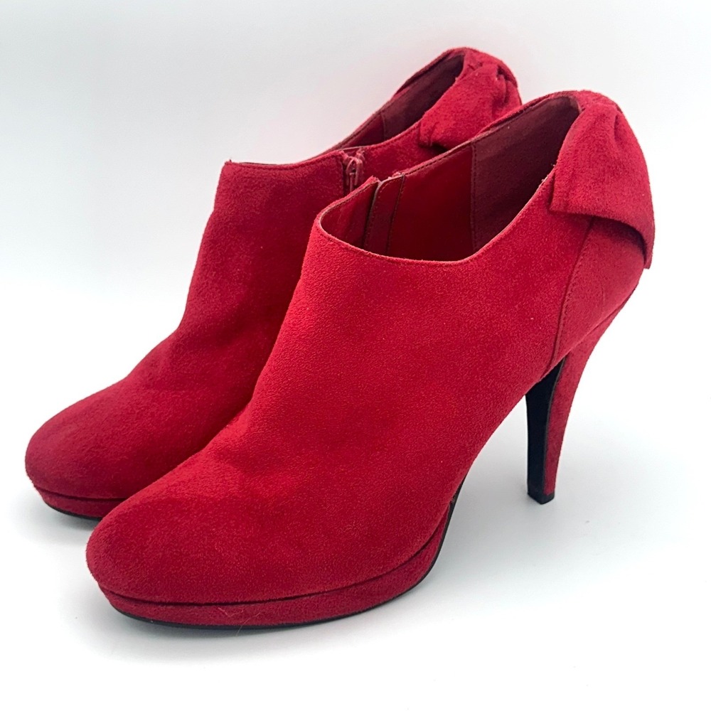Impo Peggy Red Faux Suede Bow Back‎ Stiletto Ankle Boots Womens 9.5 M Zip Up